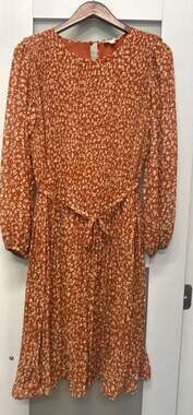 Roolee Women's Size S Rust Floral Pleated Long Sleeve Midi Dress